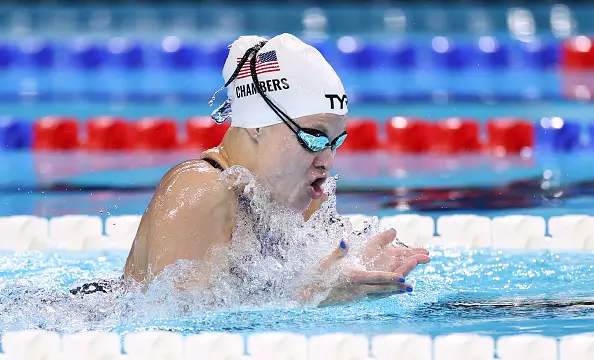NANTERRE, FRANCE - SEPTEMBER 05: Olivia Chambers of Team Great Britain competes during the Women's 100m Breaststroke - SB13 Heats on day eight of the Paris 2024 Summer Paralympic Games at Paris La Defense Arena on September 05, 2024 in Nanterre, France. (Photo by Fiona Goodall/Getty Images for PNZ)