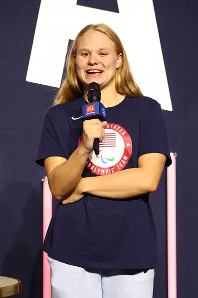 PARIS, FRANCE - SEPTEMBER 06: U.S. Paralympian Olivia Chambers speaks onstage at the USA House at Paralympics Paris 2024 on September 06, 2024 in Paris, France. (Photo by Joe Scarnici/Getty Images for USOPC)