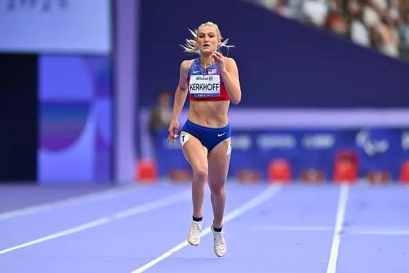 PARIS, FRANCE - SEPTEMBER 07: Erin Kerkhoff of Team USA competes in Women's 400m T13 Final on day ten of the Paris 2024 Summer Paralympic Games at Stade de France on September 07, 2024 in Paris, France. (Photo by Marco Mantovani/Getty Images)