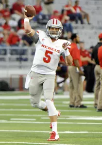UNLV Rebels quarterback Blake Decker (5) practices during warm ups before facing the Arizona Wildcats at Arizona Stadium.