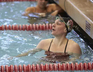 Michelle Troup anxiously awaits her finishing time