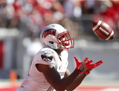 Sep 23, 2017; Columbus, OH, USA; UNLV Rebels wide receiver Darren Woods Jr. (10) catches the ball after a kick off during the first quarter against the Ohio State Buckeyes at Ohio Stadium. Mandatory Credit: Joe Maiorana-USA TODAY Sport