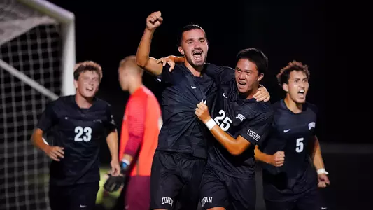 Theo Minard celebrates a goal in UNLV's 2-1 victory over Santa Clara on Aug. 31, 2023.
