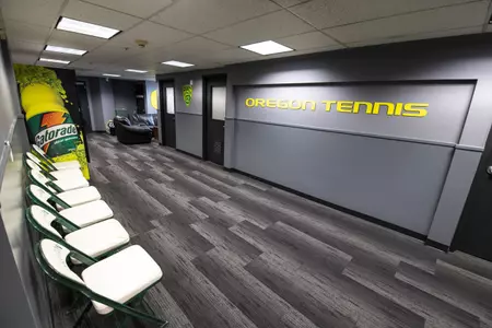 The Oregon Ducks Menâ??s Tennis locker room at Mac Court and the Student Tennis Center in Eugene, Oregon on February 02, 2022 (Isaac Wasserman/ Eric Evans Photography)