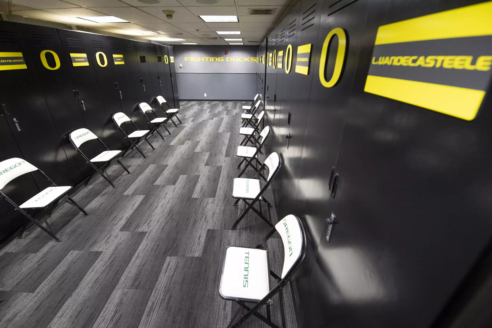 The Oregon Ducks Menâ??s Tennis locker room at Mac Court and the Student Tennis Center in Eugene, Oregon on February 02, 2022 (Isaac Wasserman/ Eric Evans Photography)
