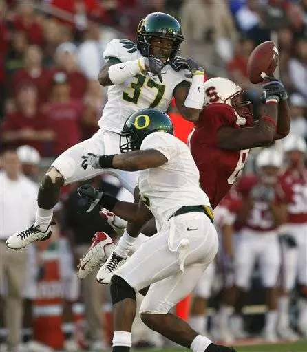 Oregon cornerback Talmadge Jackson (37) breaks up a pass.