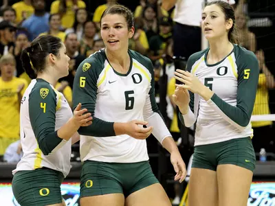 Liz Brenner, Canace Finley, Lauren Plum, 2012 Oregon Volleyball