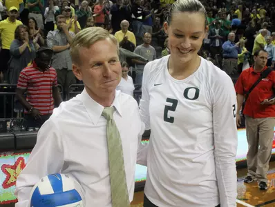 Jim Moore & Alaina Bergsma, 2012 Oregon Volleyball, Photo by Geoff Thurner