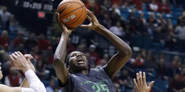 Oregon forward Chris Boucher shoots in