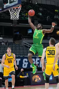 INDIANAPOLIS, IN - MARCH 22: Iowa v Oregon in the second round of the 2021 NCAA Division I MenÕs Basketball Tournament held at Bankers Life Fieldhouse on March 22, 2021 in Indianapolis, Indiana. (Photo by Jack Dempsey/NCAA Photos via Getty Images)