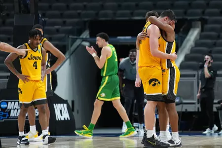 INDIANAPOLIS, IN - MARCH 22: Iowa v Oregon in the second round of the 2021 NCAA Division I MenÕs Basketball Tournament held at Bankers Life Fieldhouse on March 22, 2021 in Indianapolis, Indiana. (Photo by Jack Dempsey/NCAA Photos via Getty Images)