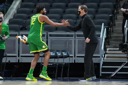 INDIANAPOLIS, IN - MARCH 22: Iowa v Oregon in the second round of the 2021 NCAA Division I MenÕs Basketball Tournament held at Bankers Life Fieldhouse on March 22, 2021 in Indianapolis, Indiana. (Photo by Jack Dempsey/NCAA Photos via Getty Images)