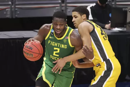 INDIANAPOLIS, IN - MARCH 22: Oregon Ducks against the Iowa Hawkeyes in the second round of the 2021 NCAA Division I Men's Basketball Tournament held at Bankers Life Fieldhouse on March 22, 2021 in Indianapolis, Indiana. (Photo by Joe Robbins/NCAA Photos via Getty Images