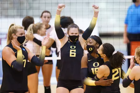18 APR 2021: Oregon vs. Purdue during the Division I Women’s Volleyball Tournament held at the CHI Health Center Omaha in Omaha, NE. Mark Kuhlmann/NCAA Photos