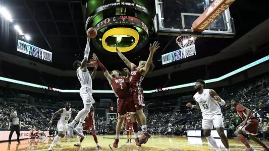 The Oregon Ducks take on the Washington State Cougars at Matthew Knight Arena in Eugene, Oregon on February 14, 2022 (Isaac Wasserman/ Eric Evans Photography)