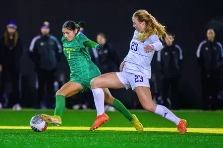 The University of Oregon Ducks Soccer team played the University of Washington Huskies in a home match at Papé Field in Eugene, Oregon, on Oct. 13, 2023. (Eric Becker/GoDucks)