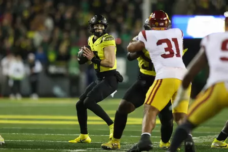 The Oregon Ducks take on the University of Southern California Trojans at Autzen Stadium in Eugene, Oregon on November 11, 2023 (Eric Evans Photography)
