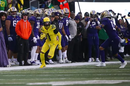 The Oregon Ducks take on the Washington Huskies at 4 pm in Eugene, Oregon on Nov 12, 2022.  (Jackson Fisk/ Eric Evans Photography)