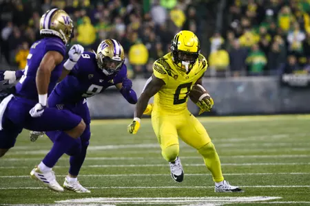 The Oregon Ducks take on the Washington Huskies at 4 pm in Eugene, Oregon on Nov 12, 2022.  (Jackson Fisk/ Eric Evans Photography)