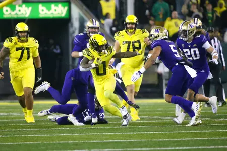 The Oregon Ducks take on the Washington Huskies at 4 pm in Eugene, Oregon on Nov 12, 2022.  (Jackson Fisk/ Eric Evans Photography)