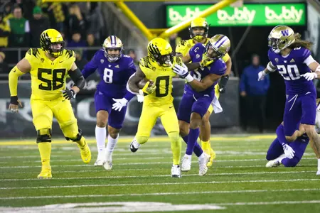 The Oregon Ducks take on the Washington Huskies at 4 pm in Eugene, Oregon on Nov 12, 2022.  (Jackson Fisk/ Eric Evans Photography)