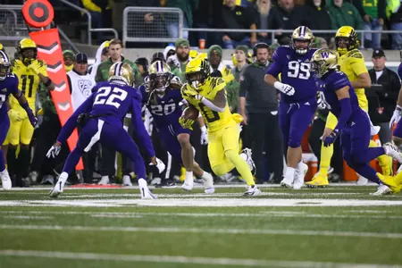 The Oregon Ducks take on the Washington Huskies at 4 pm in Eugene, Oregon on Nov 12, 2022.  (Jackson Fisk/ Eric Evans Photography)