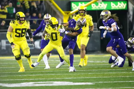 The Oregon Ducks take on the Washington Huskies at 4 pm in Eugene, Oregon on Nov 12, 2022.  (Jackson Fisk/ Eric Evans Photography)