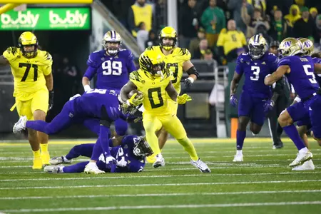 The Oregon Ducks take on the Washington Huskies at 4 pm in Eugene, Oregon on Nov 12, 2022.  (Jackson Fisk/ Eric Evans Photography)