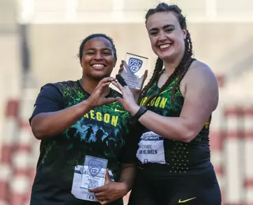 Track and Field Stars Jorinde Van Klinken and Jaida Ross Pose for a Photo at the Pac-12 Track and Field Championships