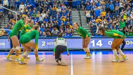 Team celebrates win at Pitt - Sept. 14