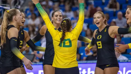 Team huddle celebration at UCLA