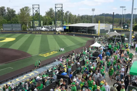 Oregon Ducks take on Oral Roberts Golden Eagles in game 1 of NCAA super regionals in Eugene, Oregon on June 9, 2023 (Isaac Wasserman/Eric Evans Photo)