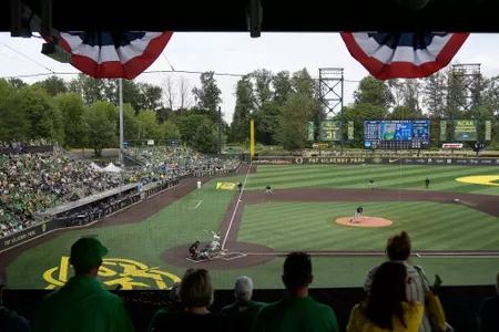 Oregon Ducks take on Oral Roberts Golden Eagles in game 1 of NCAA super regionals in Eugene, Oregon on June 9, 2023 (Isaac Wasserman/Eric Evans Photo)