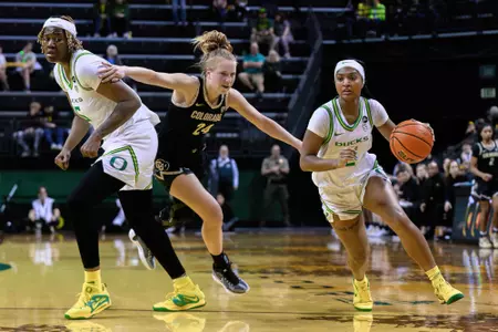 The University of Oregon Ducks Women's Basketball team played the University of Colorado Buffaloes in a home game at Matthew Knight Arena in Eugene, Ore., on Jan. 28, 2024. (Eric Becker/Oregon WBB)