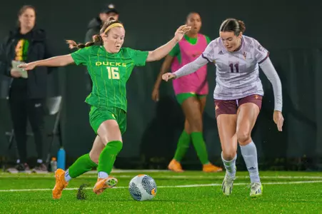 The University of Oregon Ducks Soccer team played Arizona State University in a home match at Papé Field in Eugene, Oregon, on October 13, 2023. (Eric Becker/GoDucks)