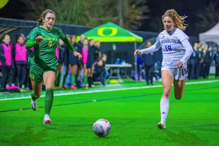 The University of Oregon Ducks Soccer team played the University of Washington Huskies in a home match at Papé Field in Eugene, Oregon, on Oct. 26, 2023. (Eric Becker/GoDucks)