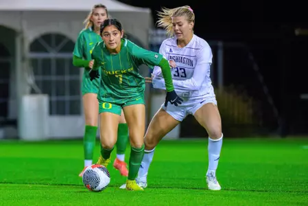The University of Oregon Ducks Soccer team played the University of Washington Huskies in a home match at Papé Field in Eugene, Oregon, on Oct. 26, 2023. (Eric Becker/GoDucks)