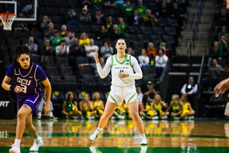 The University of Oregon Ducks Women's Basketball team played the Grand Canyon University Antelopes in a home game at Matthew Knight Arena in Eugene, Ore., on Nov. 18, 2024. (Eric Becker/Oregon WBB)