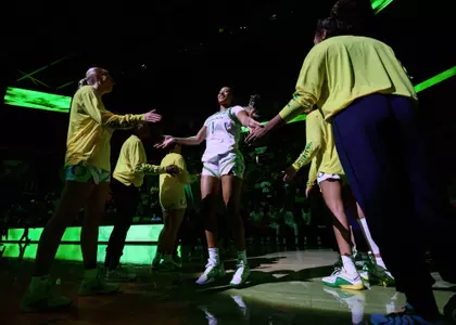 The University of Oregon Ducks Women's Basketball team played the Grand Canyon University Antelopes in a home game at Matthew Knight Arena in Eugene, Ore., on Nov. 18, 2024. (Eric Becker/Oregon WBB)