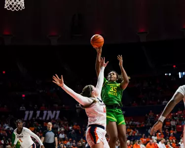 The Oregon women's basketball team takes on Illinois at State Farm Center in Champaign, Ill. on Dec. 28, 2024.