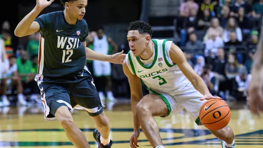 The University of Oregon Ducks Men's Basketball team played the Washington State University Cougars in a home game at Matthew Knight Arena in Eugene, Ore., on Feb. 10, 2024. (Eric Becker/Oregon MBB)