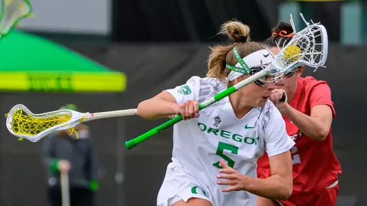 The University of Oregon Ducks Lacrosse team defeated the Marist College Red Foxes 16-9 in a home game at Papé Field in Eugene, Ore., on Feb. 25, 2024. (Eric Becker/Oregon WLAX)