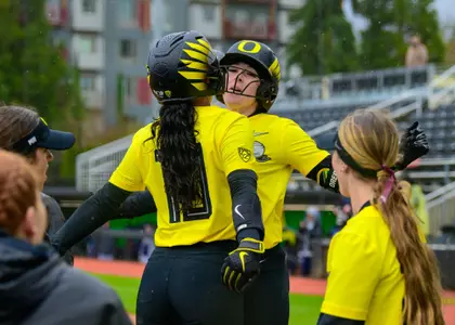 The University of Oregon Ducks Softball team played the Mount St. Mary's Mountaineers in a home match at Jane Sanders Stadium in Eugene, Oregon, on Feb. 29, 2024.  (Eric Becker/Oregon Softball)