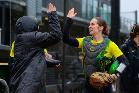 The University of Oregon Ducks Softball team played the Mount St. Mary's Mountaineers in a home match at Jane Sanders Stadium in Eugene, Oregon, on Feb. 29, 2024.  (Eric Becker/Oregon Softball)