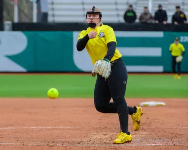 The University of Oregon Ducks Softball team defeated the Arizona State University Sun Devils 5-0 in a home match at Jane Sanders Stadium in Eugene, Oregon, on March 24, 2024. (Eric Becker/Oregon Softball)