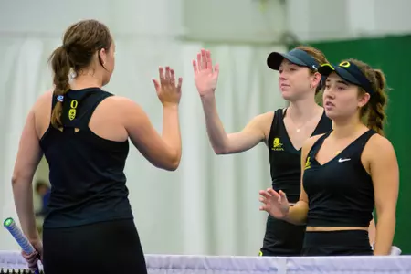 The University of Oregon Ducks Women's Tennis team played the University of Arizona Wildcats in a home match at the Student Tennis Center in Eugene, Ore., on March 24, 2024. (Eric Becker/Oregon Women's Tennis)
