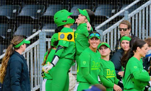 The University of Oregon Ducks Softball team defeated the University of Northern Colorado Bears 9-2 in a home game at Jane Sanders Stadium in Eugene, Ore., on April 28, 2024.  (Eric Becker/Oregon Softball)