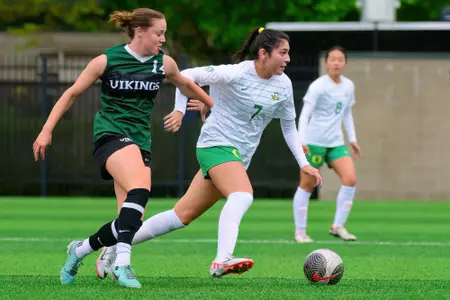 The University of Oregon Ducks Women's Soccer team played the Portland State University Vikings in a home game at Papé Field in Eugene, Ore., on April 27, 2024.  (Eric Becker/Oregon Women's Soccer)