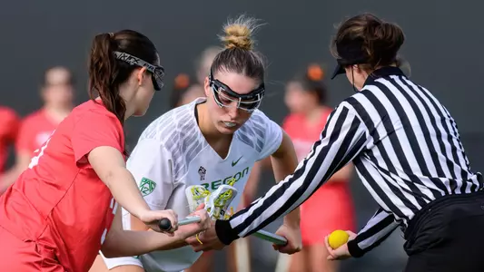 The University of Oregon Ducks Lacrosse team defeated the Marist College Red Foxes 16-9 in a home game at Papé Field in Eugene, Ore., on Feb. 25, 2024.  (Eric Becker/Oregon WLAX)