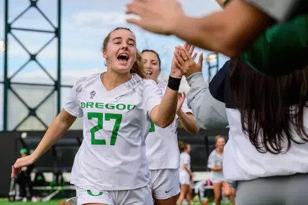 The University of Oregon Ducks Lacrosse team defeated the Marist College Red Foxes 16-9 in a home game at Papé Field in Eugene, Ore., on Feb. 25, 2024.  (Eric Becker/Oregon WLAX)